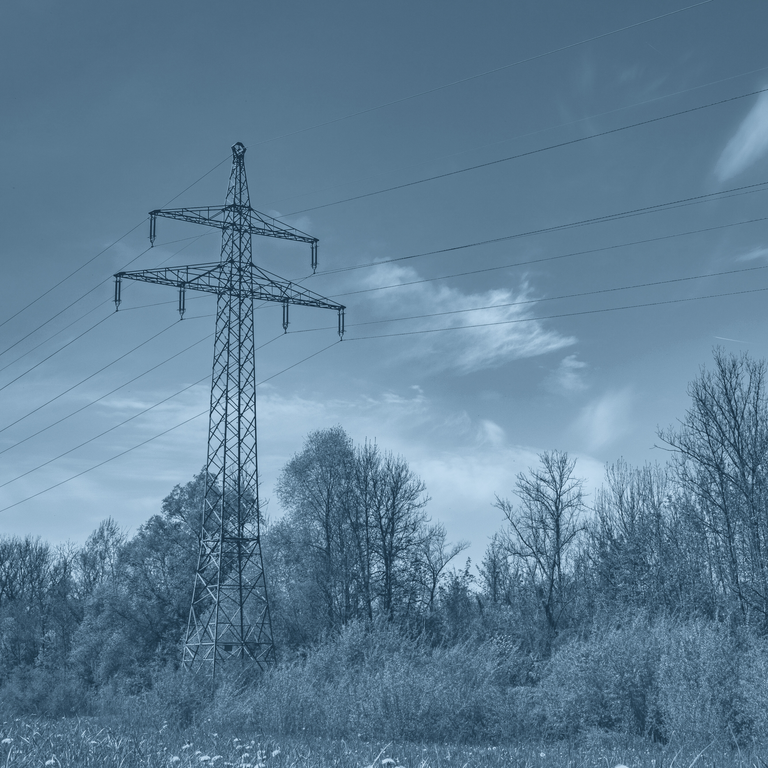 Blau eingefärbtes Bild von einem Strommast auf einer Wiese.